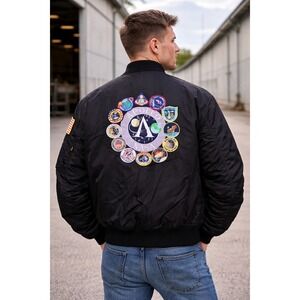 NASA Apollo Mens MA-1 Bomber Flight Jacket Size L Black Gorpcore Y2K Space Geek